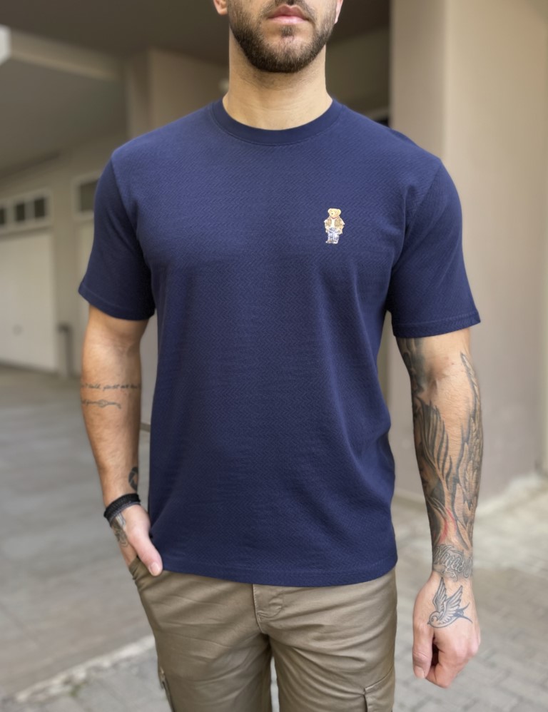 TPM Ανδρικό βαμβακερό μπλε T-shirt με ανάγλυφο ύφασμα και στάμπα στο στήθος TPM1069B